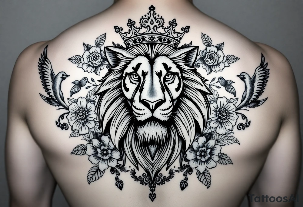 powerful majestic lion with a crown, surrounded by floral ornaments and birds tattoo idea