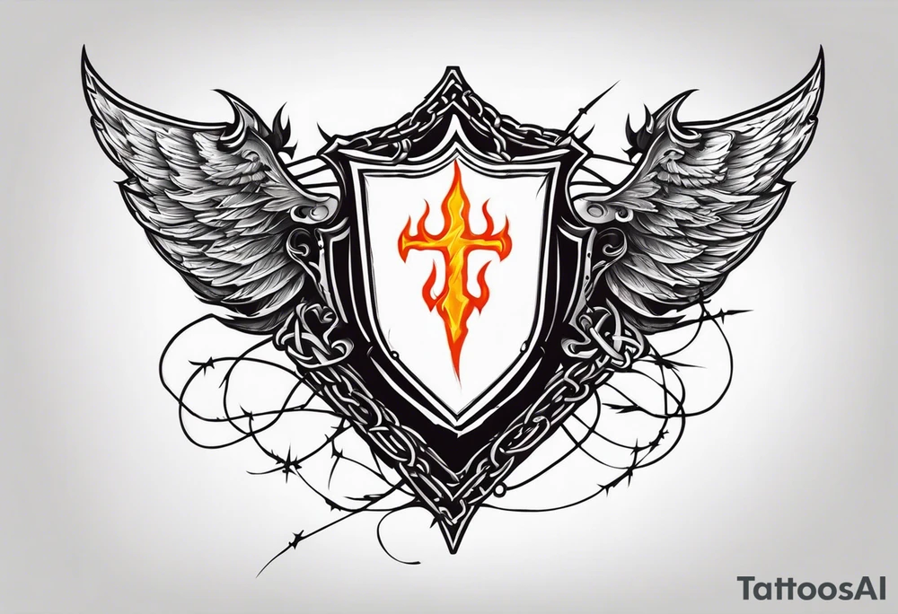 Valhalla on fire 
sword shield barbed  wire tattoo idea