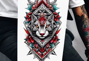 semi Detailed neo traditional knee tattoo on paper. The tattoo features geometric patterns and bold lines, creating a visually striking design with slight tints of deep red. tattoo idea