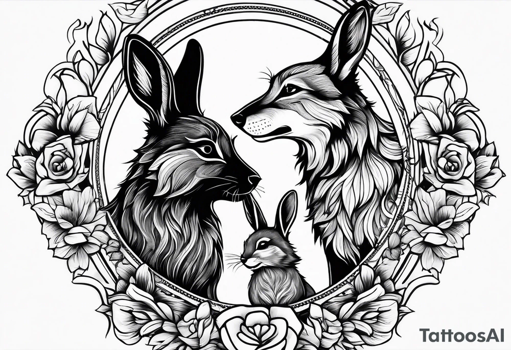 Mum and baby bunny protected by wolf tattoo idea