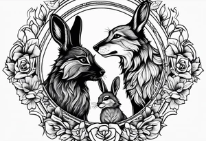 Mum and baby bunny protected by wolf tattoo idea