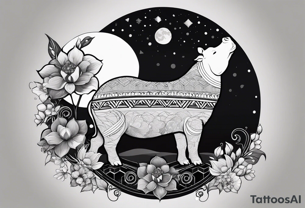Very asymmetrical, +geometric pattern, with realistic full moon, with hippo,+tribal, +geometric, +inkart , +blackwork, +grey scale, + sketch
with wintersweet flower bud, +inkart touch, +for men, detailed , combined favourite , tattoo idea