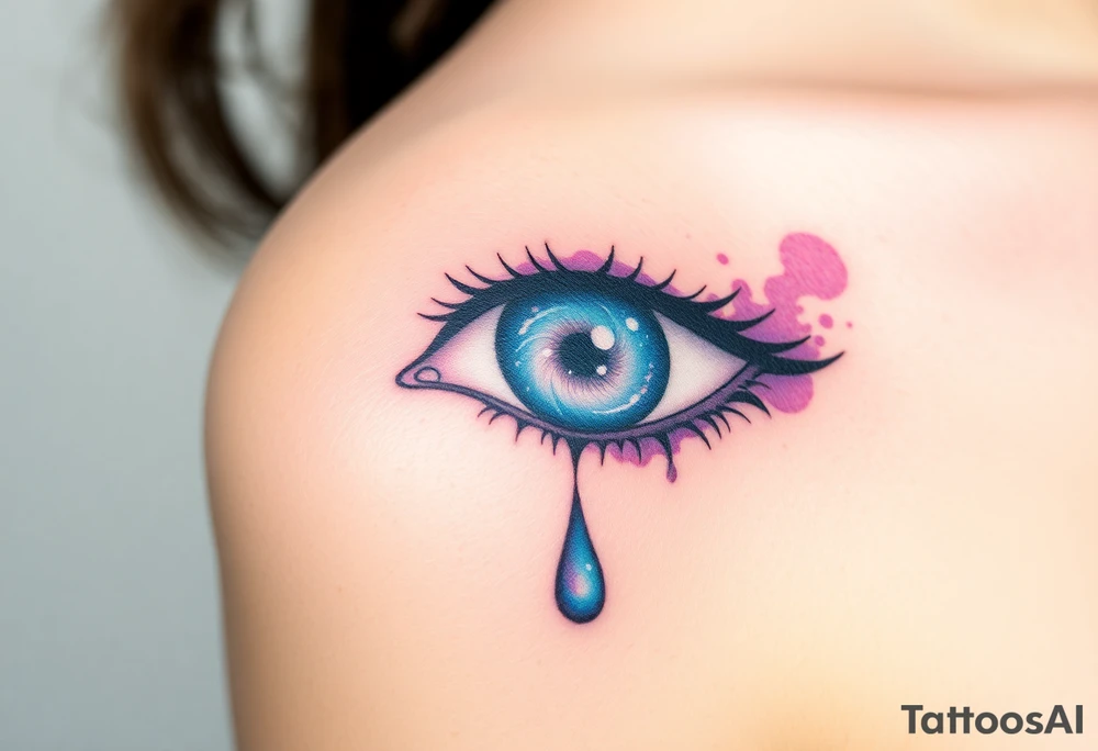 Teary eye with a dripping teardrop with a galaxy swirling inside, in a gradient from violet to indigo tattoo idea