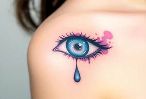 Teary eye with a dripping teardrop with a galaxy swirling inside, in a gradient from violet to indigo tattoo idea