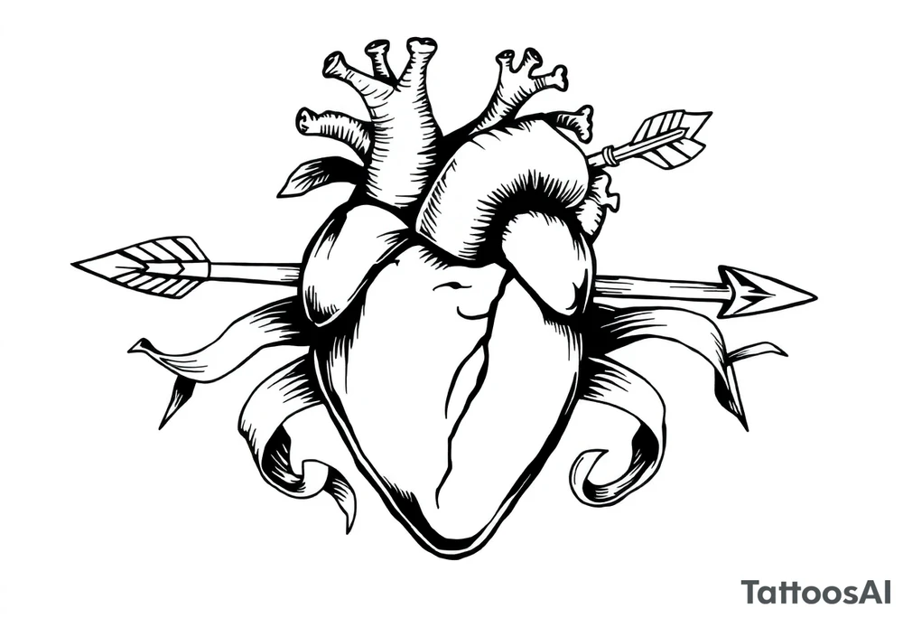 anatomical heart pierced by ornate arrow with flowing ribbons tattoo idea