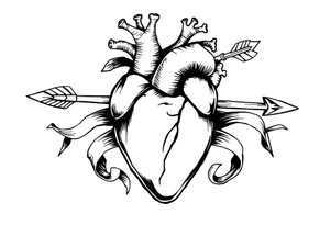 anatomical heart pierced by ornate arrow with flowing ribbons tattoo idea