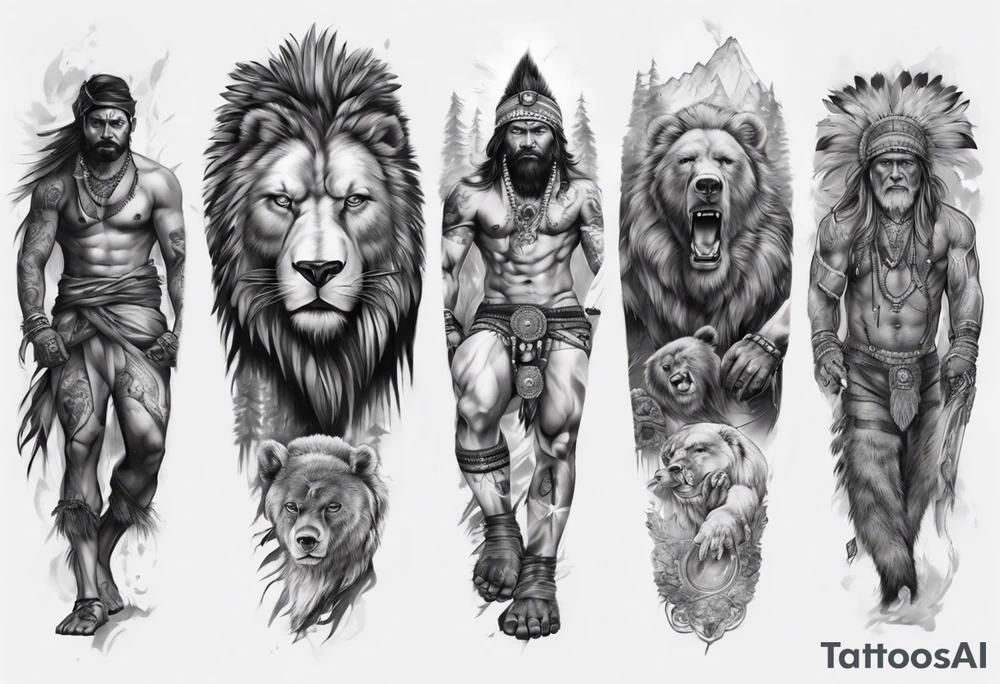 indian realistic leg sleeve, with both indian humans and a bear and maybe a lion more evil tattoo idea