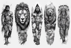 indian realistic leg sleeve, with both indian humans and a bear and maybe a lion more evil tattoo idea