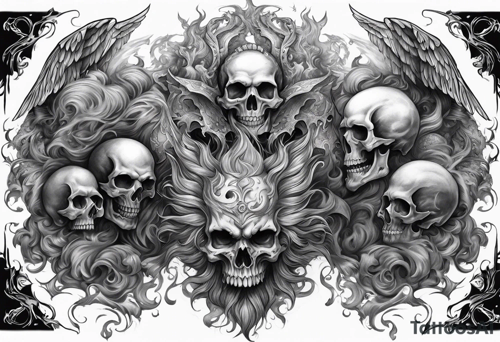 Angels fighting demons full sleeve with skulls and fire and smoke for filler tattoo idea