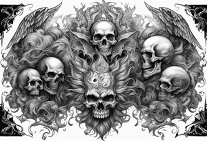 Angels fighting demons full sleeve with skulls and fire and smoke for filler tattoo idea