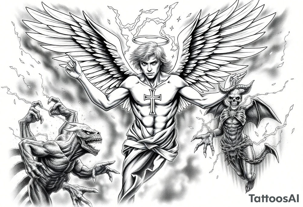 A fallen angel falling from heaven to hell , his wings catch fire and partially burn his halo breaks, Demons and dead souls reach out for him, he has a sexy demon women  by his side as he falls , fire and smoke throughout the backround with creatures lurking in the back, theres an upside diwn cross burnt into his chest tattoo idea