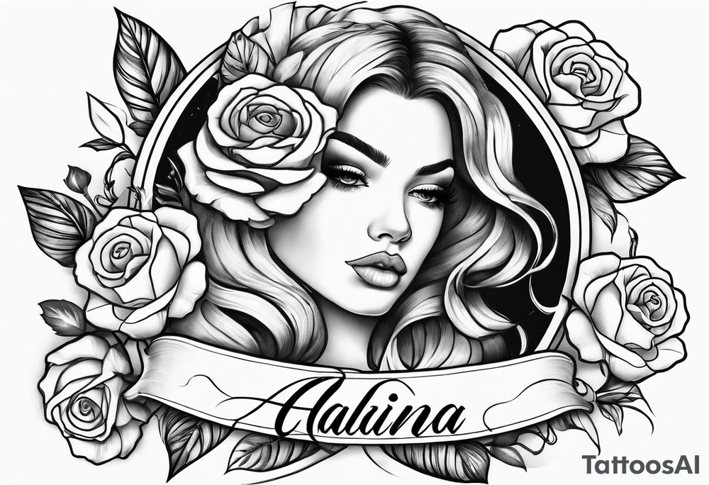 The name Alaina in cursive with roses around it tattoo idea