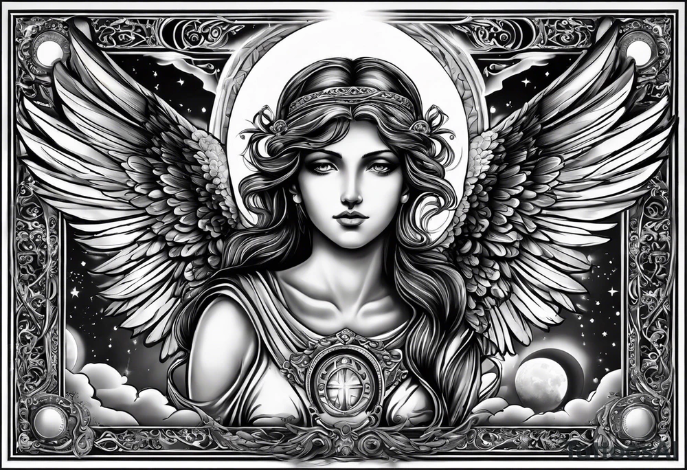Guardian angel with a moon in the background. Something religious and some women 
eyes too. 2012 wrote 
in Roman numbers tattoo idea