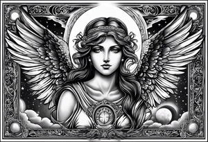 Guardian angel with a moon in the background. Something religious and some women 
eyes too. 2012 wrote 
in Roman numbers tattoo idea