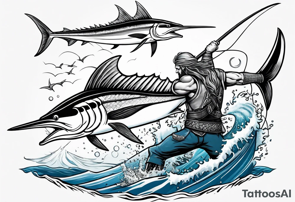 viking superhero catching a blue marlin with tuna jumping tattoo idea