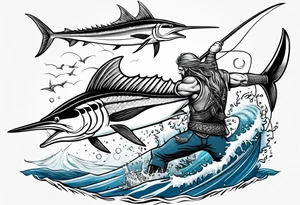 viking superhero catching a blue marlin with tuna jumping tattoo idea