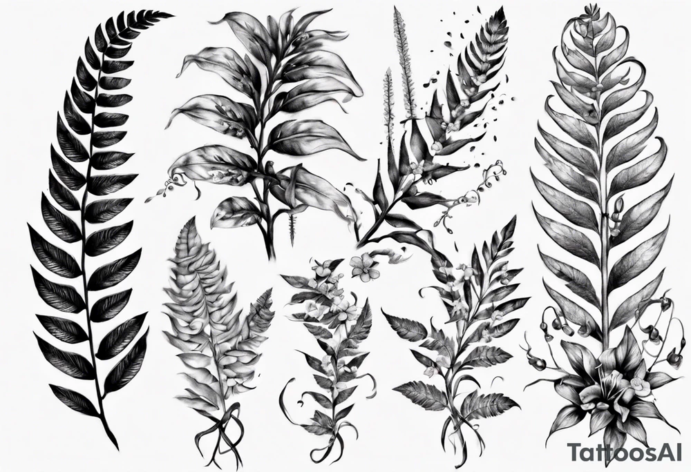Sword fern, trilium flowers and fushia flowers tattoo idea