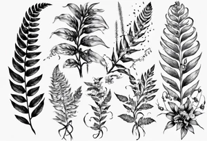Sword fern, trilium flowers and fushia flowers tattoo idea