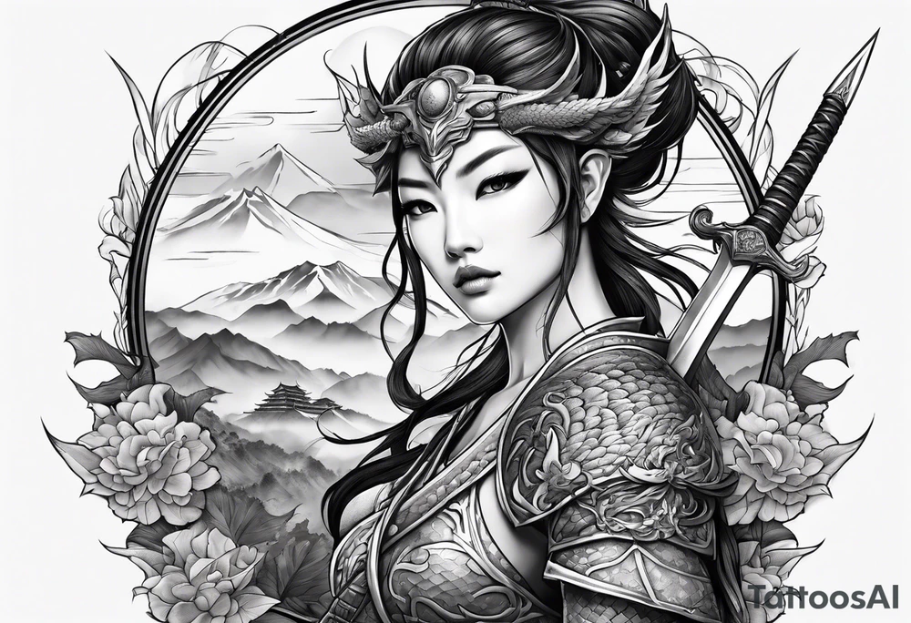 warrior nymph full body with sword and a full dragon with a mountain background tattoo idea
