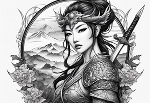 warrior nymph full body with sword and a full dragon with a mountain background tattoo idea