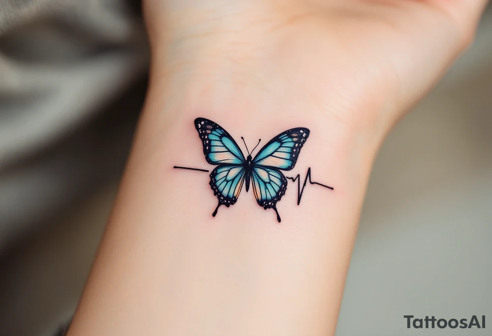 A black EKG waveform tattoo with a small teal butterfly at the end, symbolizing transformation and freedom. tattoo idea