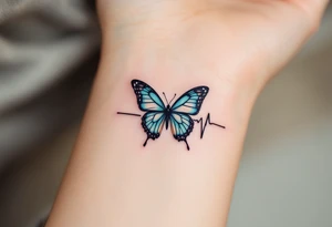 A black EKG waveform tattoo with a small teal butterfly at the end, symbolizing transformation and freedom. tattoo idea