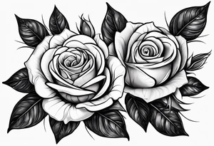 two roses with their stems intertwined, one rose should have thorns and only one main rose, the second rose should be thornless but have multiple flowers on it. tattoo idea