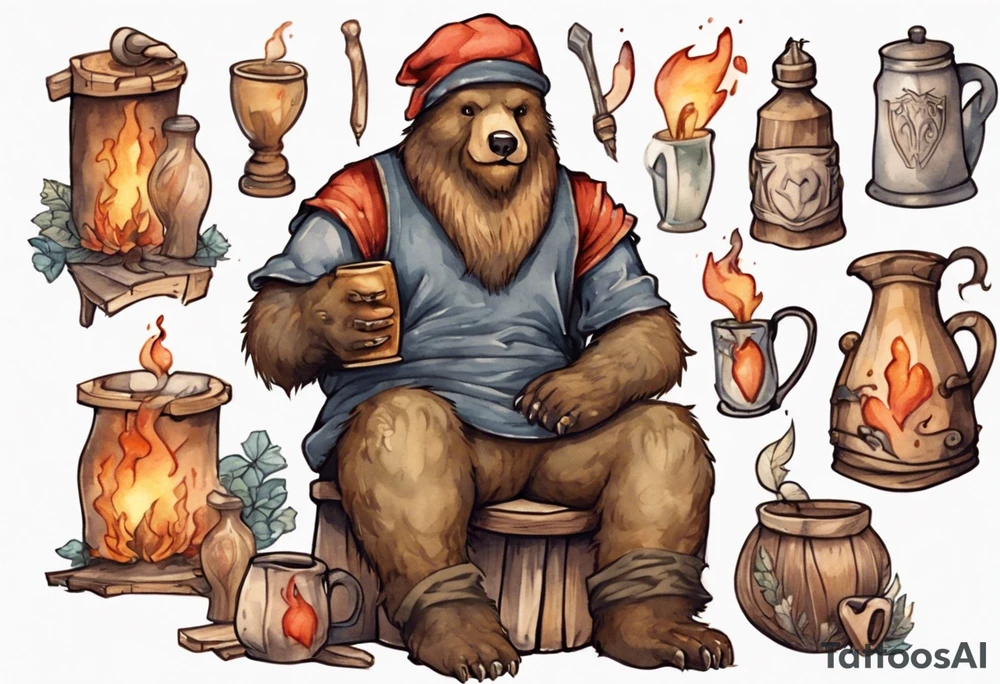 a medieval bear-human hybrid with a long beard wearing a Phrygian cap, sitting on a stool by the hearth, drinking from a wooden mug, smiling tattoo idea