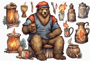 a medieval bear-human hybrid with a long beard wearing a Phrygian cap, sitting on a stool by the hearth, drinking from a wooden mug, smiling tattoo idea