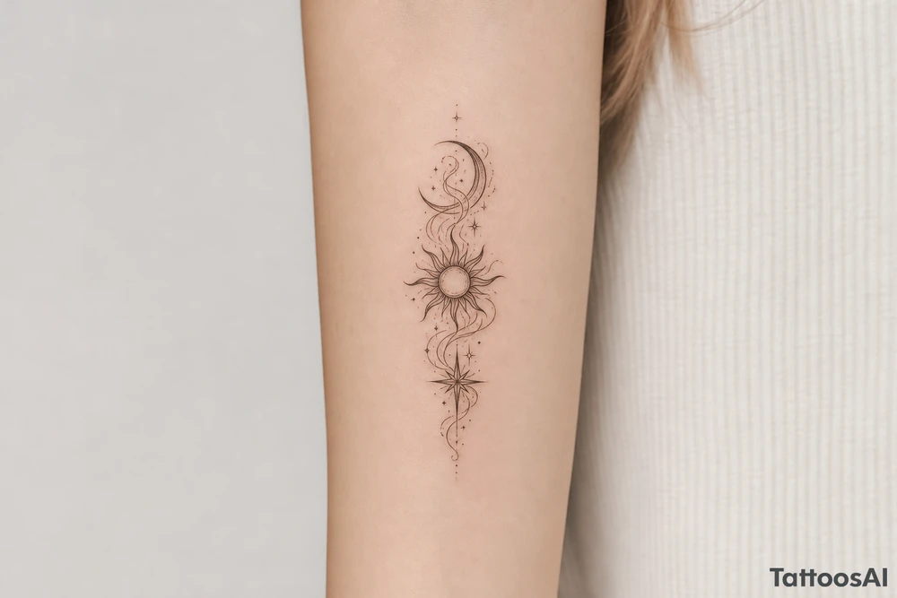 Moon, Sun, and Rising Star in the same red stencil aesthetic, with the smoke weaving through and overlapping each celestial symbol so they feel like a cohesive set for sternum placement. The Rising Star specifically incorporates the same flowing ribbon effect you liked in the Moon and Sun references. tattoo idea
