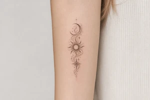Moon, Sun, and Rising Star in the same red stencil aesthetic, with the smoke weaving through and overlapping each celestial symbol so they feel like a cohesive set for sternum placement. The Rising Star specifically incorporates the same flowing ribbon effect you liked in the Moon and Sun references. tattoo idea