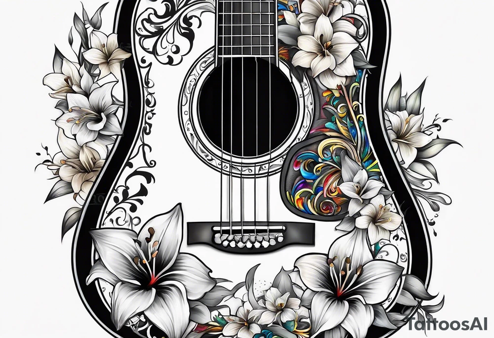 black acoustic guitar with a star on the body and colorful lilies around it. tattoo idea