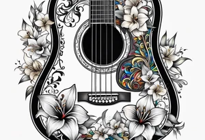 black acoustic guitar with a star on the body and colorful lilies around it. tattoo idea
