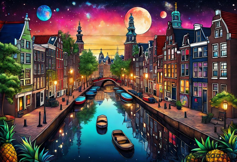 Animals featuring animals and featuring colours of the universe and galaxies and pineapples in amsterdam city featuring Amsterdam buildings and canal made of glass tattoo idea