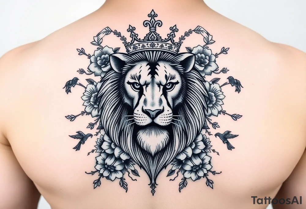 powerful majestic lion with a crown, surrounded by floral ornaments and birds tattoo idea