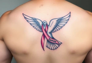 A dove carrying a breast cancer ribbon with the name Samia. tattoo idea