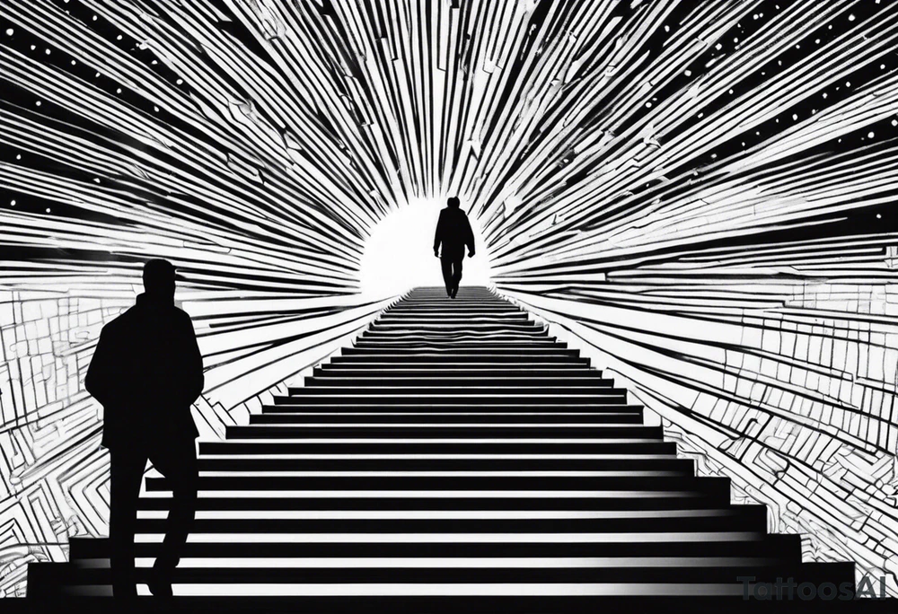 Person walking up stairs into heaven with sun beaming through clouds tattoo idea