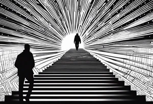 Person walking up stairs into heaven with sun beaming through clouds tattoo idea