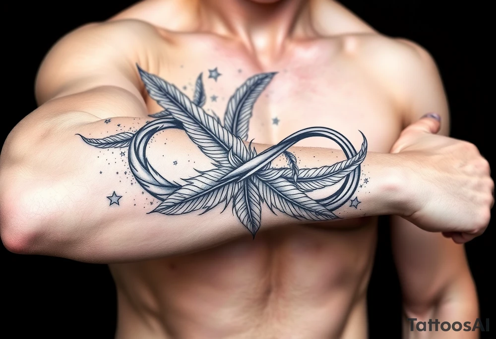 infinity symbol woven with floating feathers and stardust tattoo idea