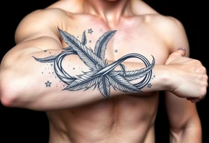 infinity symbol woven with floating feathers and stardust tattoo idea
