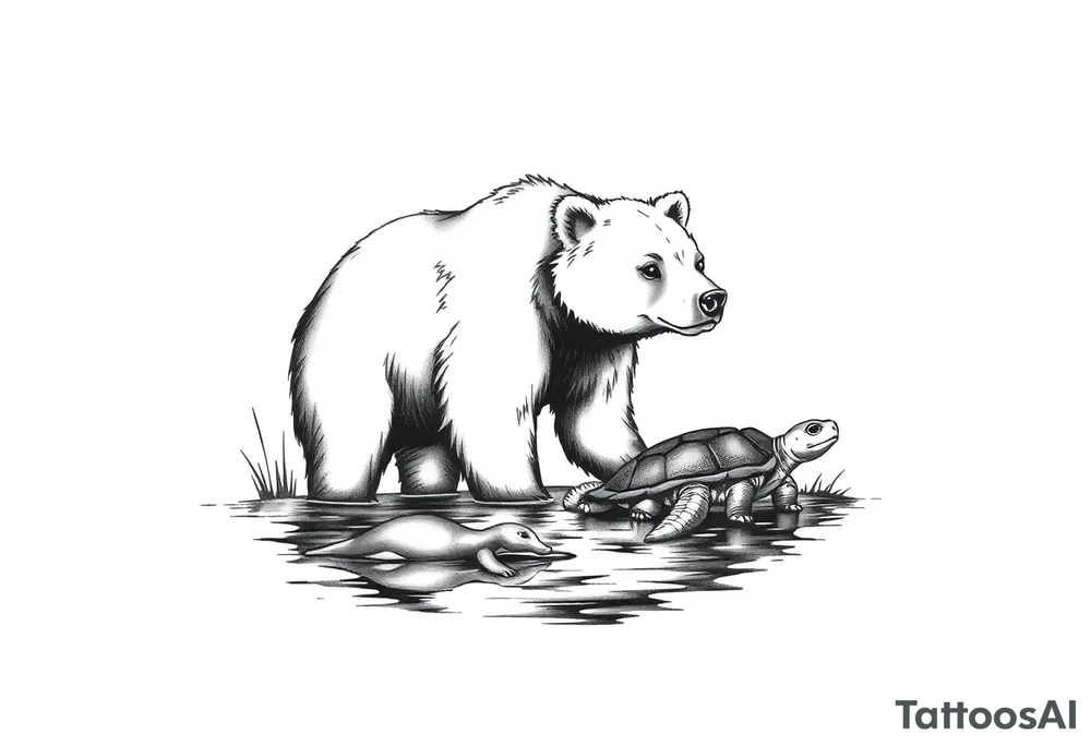 A bear in the Wild with a turtle in a lake tattoo idea