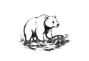 A bear in the Wild with a turtle in a lake tattoo idea