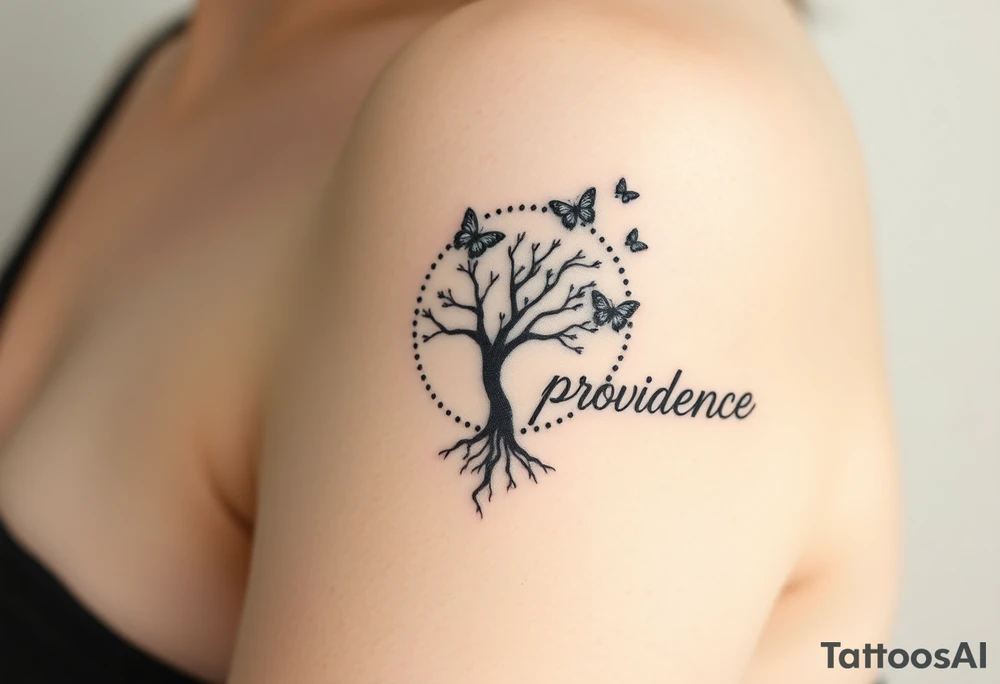 a tree of life that has small roots but its roots lead into a dotted circle with three butterflies coming out of the top right of the circle and the word “providence” is written in fancy letters on the outside of circle but curving around the circle on the left side tattoo idea