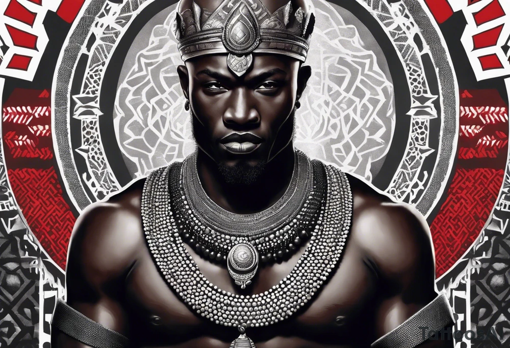 Black-skinned bald african warrior. He is a god of the war. Wears a simple red necklace and a silver crown tattoo idea