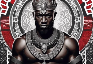 Black-skinned bald african warrior. He is a god of the war. Wears a simple red necklace and a silver crown tattoo idea