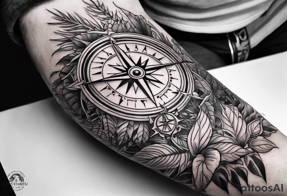 full arm sleeve tattoo with Viking compass and all-seeing eye surrounded by jungle plants tattoo idea
