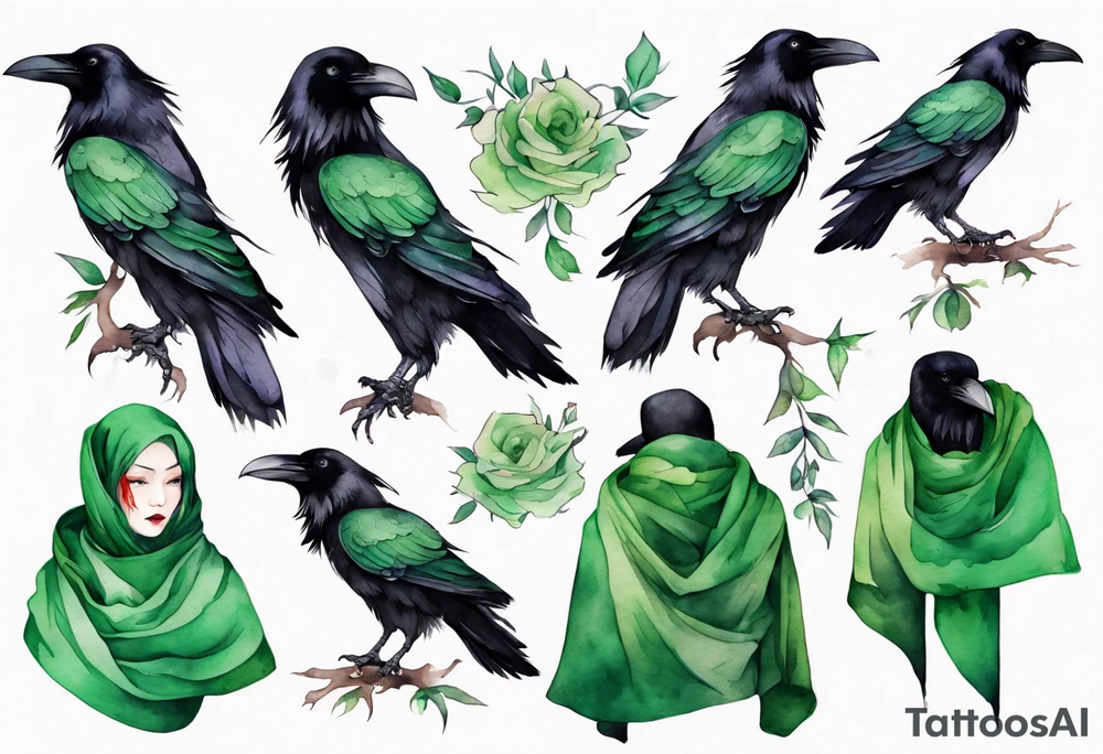 a raven wearing a green scarf tattoo idea