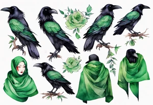 a raven wearing a green scarf tattoo idea