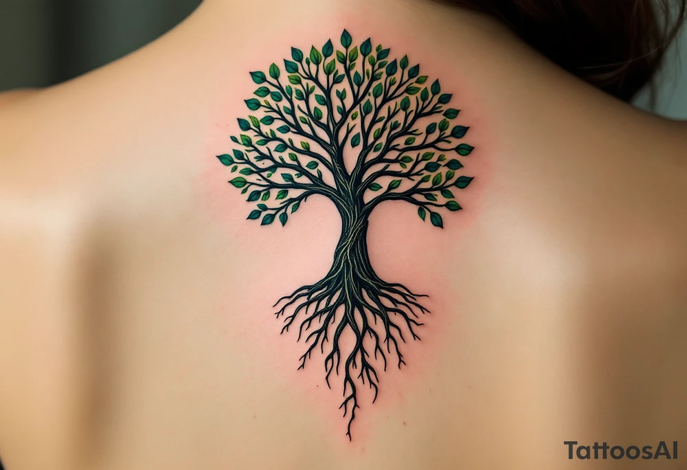 A tree of life in earthy greens and browns with roots shaped like tiny hands honors the grounding strength of motherhood. tattoo idea