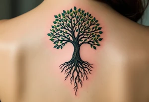 A tree of life in earthy greens and browns with roots shaped like tiny hands honors the grounding strength of motherhood. tattoo idea